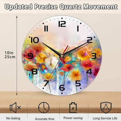 Clock for Living Room, Vintage Wild Floral Wall Clock Vintage Wooden Wall Clock Silent Non-Ticking Battery Operated Arabic Numerals Wall Clocks Decorative for Kitchen, Office, Classroom 10 Inch