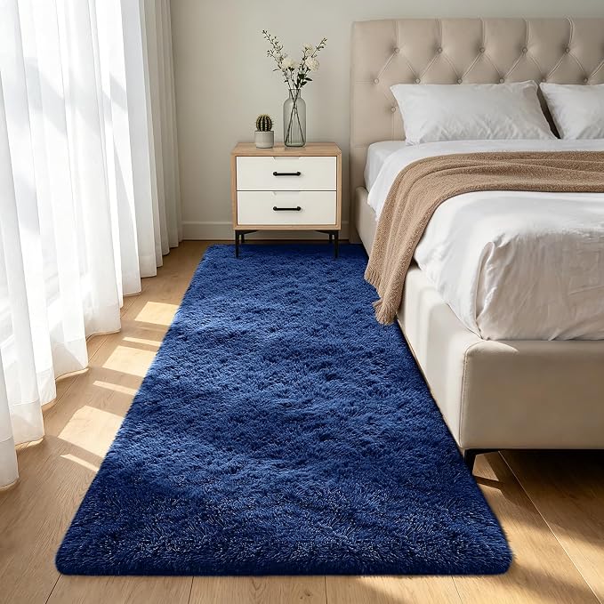 Shag Runner Rug for Bedroom Living Room 3x7 Upgrade Non-Slip Fluffy Soft Bedside Rugs,Blue Shaggy Carpet for Livingroom Dorm Home Decor Aesthetic