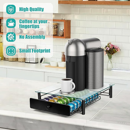 ROWISE Coffee Pod Drawers, Crystal Tempered Glass Pod Holder Drawer Compatible with Nespresso Capsules, Holds Up to 40 Capsules, Size 14"x15.5"x4.5"