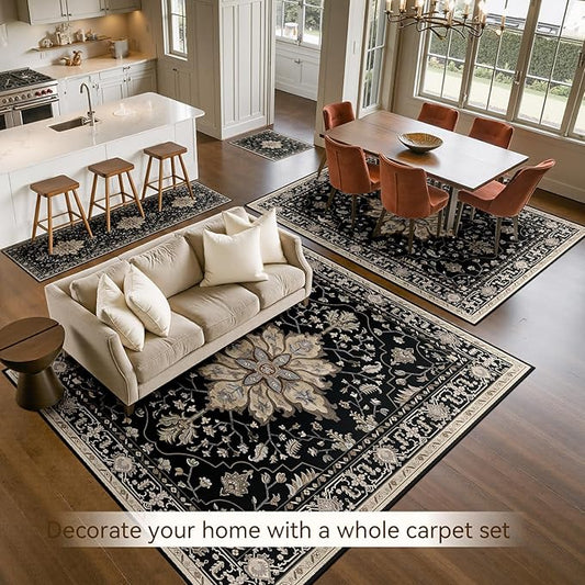 RELEANY Area Rugs 6'x9' Washable Non-Slip, Floral Vintage Distress Medallion Carpet for Living Room Bedroom Dining Room, Black Brown Neutral Dark Tan