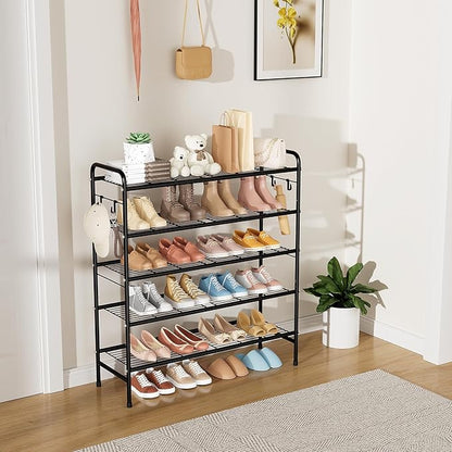 5 Tier Shoe Rack 33" Wide Metal Shoe Organizer Long Shoe Storage with 4 Side Hooks Sturdy Shoes Shelf for Closet, Front Door Entrance, Garage, Dorm, Black