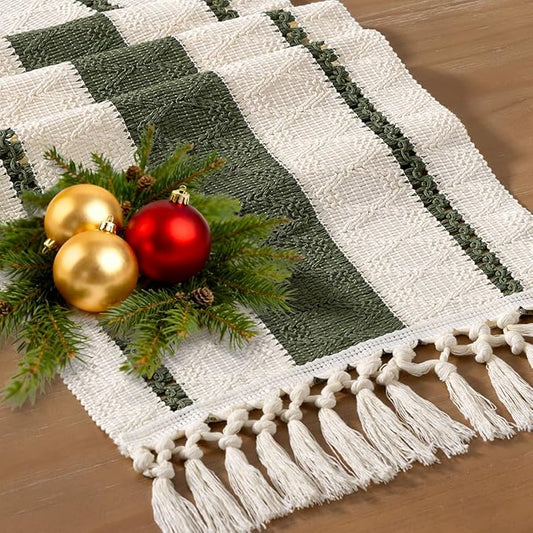 Socomi Boho Table Runner Valentine's Day Farmhouse Rustic Dining Kitchen Centerpiece Decor Small Macrame Woven Cotton Linen Coffee Table Runner for Dresser Scarf Home Decor 12x72 inch Olive Green