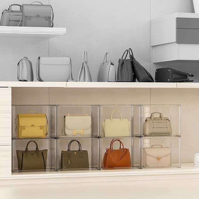 Purse Organizer for Closet, Clear Acrylic Display Case for Handbag Organizer, Stackable Purse Storage Box with Magnetic Door, Plastic Holder Containers for Book, Collectibles, Cosmetic 9 Pack