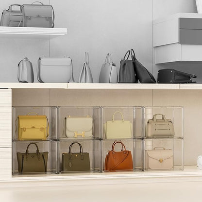 Purse Organizer for Closet, Clear Acrylic Display Case for Handbag Organizer, Stackable Purse Storage Box with Magnetic Door, Plastic Holder Containers for Book, Collectibles, Cosmetic 9 Pack