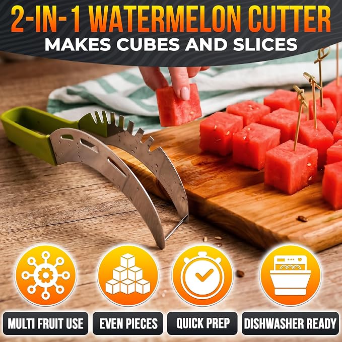 2-in-1 Watermelon Cutter Slicer Tool – Create Clean 1" Cubes & Slices with Watermelon Slicer for Cutting & Serving – Stainless Steel Fruit Cutter for 4th of July BBQ, Picnic, Camping & Snack Prep