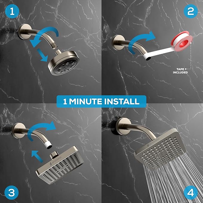 SparkPod Rain Shower Head, 6 Inch Square | High Pressure Shower Heads, 90 Nozzle (Touch-to-Clean), Adjustable Showerhead, No-tool Universal Connection