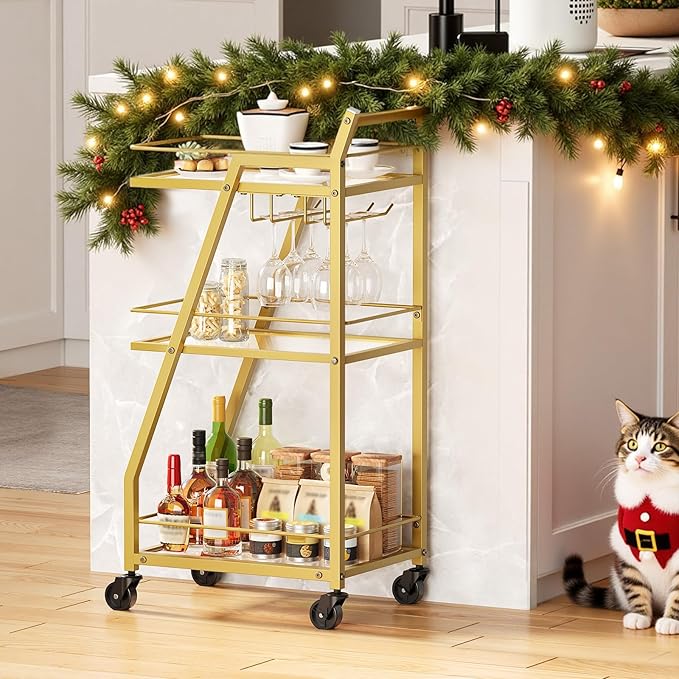 Bar Cart for The Home, Small Bar Cart on Wheels, Home Bar Serving Cart with Glass Holder, for Kitchen, Transparent and Gold BC03GD