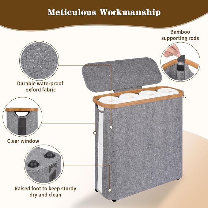 Toilet Paper Storage Basket with Lid - The Ultimate Bathroom Organizer, Free Standing Toilet Paper Holder for Up to 12 Mega Rolls, Toilet Tissue Storage Bin with Handle for RV Closet, Grey