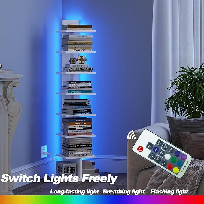 TUTOTAK Narrow Bookshelf, 8-Tier Bookcase with LED Lights, Spine Book Shelf for Small Space, Corner Standing Shelf for Living Room, Office, Study, Entryway, White BS06BW008L