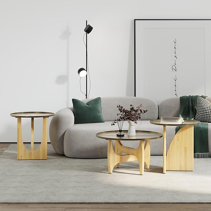 ACEDÉCOR Living Room Table Set of 3, Solid Wood Coffee Table Set with Tray Top and X-Base, Luxurious Brushed Gold Coffee Table Set with 2 End Tables for Living Room Apartment