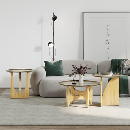 ACEDÉCOR Living Room Table Set of 3, Solid Wood Coffee Table Set with Tray Top and X-Base, Luxurious Brushed Gold Coffee Table Set with 2 End Tables for Living Room Apartment