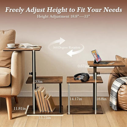 360° Swivel Side Table for Height Adjustable, C Shaped End Table for Couch with Storage, 3-Tier Night Stand with Open Shelf, Tv Tray for Small Spaces, Living Room, Bedroom, Rustic Brown