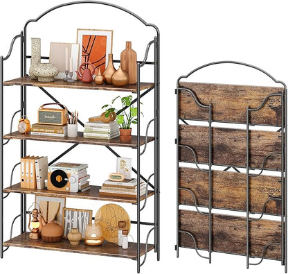 4NM No Assembly Extra Wide Folding Bookshelf for Living Room, 4 Tiers Collapsible Book Shelves Open Industrial Foldable Bookcase Storage Shelf for Home Office - Rustic Brown Black