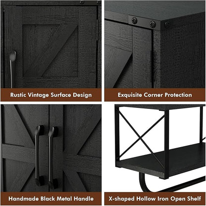 RUSTOWN Farmhouse Medicine Cabinet with 2 Barn Door, Wood Wall Mounted Storage Cabinet with Adjustable Shelf and Towel Bar, 3-Tier Bathroom Cabinet for Bathroom, Living Room(Black, Medium)