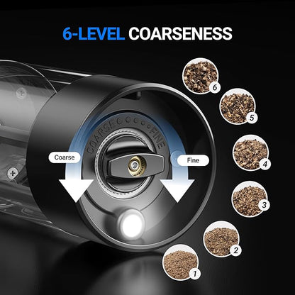 ThermoMaven Electric Salt and Pepper Grinder Set, 110ml Larger Rechargeable Automatic Salt and Pepper Mill Grinder with 6 Adjustable Coarseness, Salt and Pepper Shakers, LED, 2 Packs, Black & White