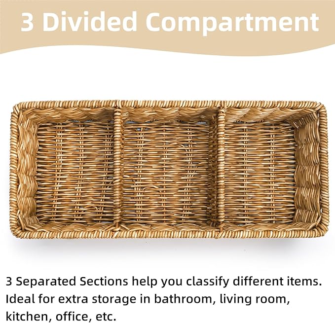 2 Pack Wicker Storage Basket, 3 Compartments Plastic Toilet Tank Topper Woven Basket, Rattan Storage Container Countertop Organizer for Bathroom Bedroom Decor, Tan