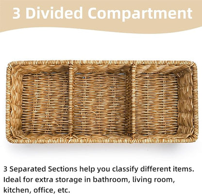2 Pack Wicker Storage Basket, 3 Compartments Plastic Toilet Tank Topper Woven Basket, Rattan Storage Container Countertop Organizer for Bathroom Bedroom Decor, Tan