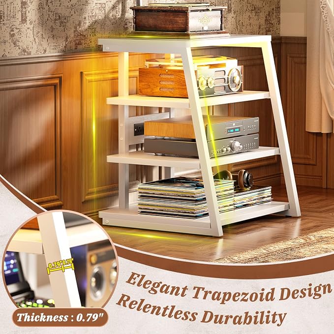 Armocity 4-Tier AV Media Stand with Power Strips, Stereo Stand with LED Lights, Audio Tower Rack with Adjustable Shelves, Small Entertainment Center, 30'', White