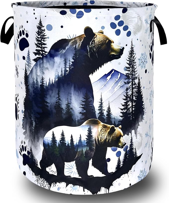Bear Forest Laundry Basket Animal Bears Laundry Hamper Foldable Oxford Cloth Adventure Funny Tote Bag Clothes Toy Storage Bucket For Bathroom/Laundry Storage/Bedroom 18.9 x 16.5 Inch