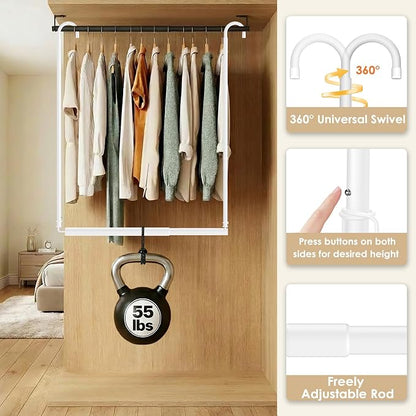 2 Pack Stepless Extender Closet Hanging Rod - Heavy Duty Closet Rods for Hanging Clothes, Adjustable Width & Height, Space-Saving White Closet Organizer for Hanging & Drying, Easy to Install