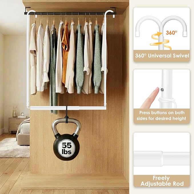 Stepless Extender Closet Hanging Rod - Heavy Duty Closet Rods for Hanging Clothes, Adjustable Width & Height, Space-Saving White Closet Organizer for Hanging & Drying Clothes, Easy to Install