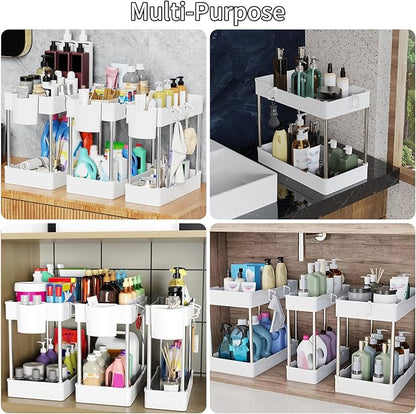 3 Pack Under Sink Organizers and Storage, 2 Tier Bathroom Cabinet Organizer Shelf with Hanging Cups for Kitchen & Bathroom (White)
