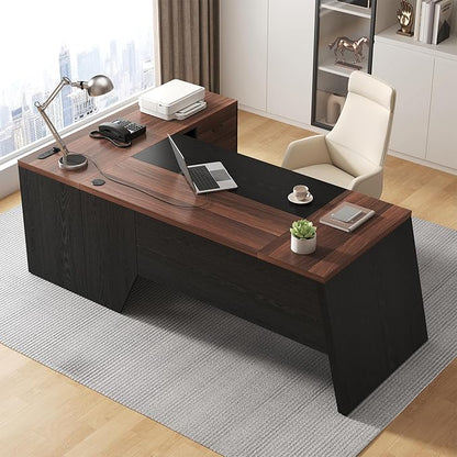 L-Shaped Executive Desk with Drawer, 78-Inch Large Home Office Desk with Cord Hold and Power Outlet, Modern Computer Table with Lateral File Cabinet,Open Shelf and PC Stand, Walnut Brown Black