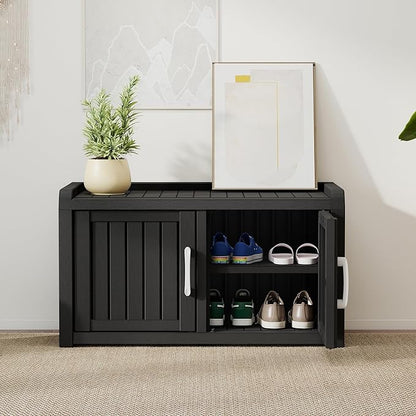 2-Tier Storage Bench, Waterproof UV-Resistant Outdoor Shoe Storage Cabinet with 2 Doors & Adjustable Shelves for Indoor Outdoor Entryway, Hallway, Living Room (Raven Black)