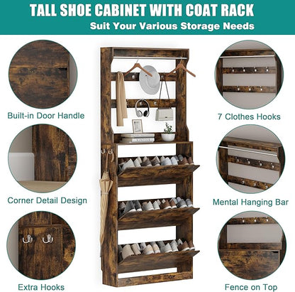 Shoe Cabinet for Entryway with 3 Flip Drawers, Brown Tall Wood Shoe Storage Cabinet with Coat Rack, Narrow Hidden Slim Freestanding Shoe Rack Organizer, 2 in 1 Hall Tree for Living Room, Hallway
