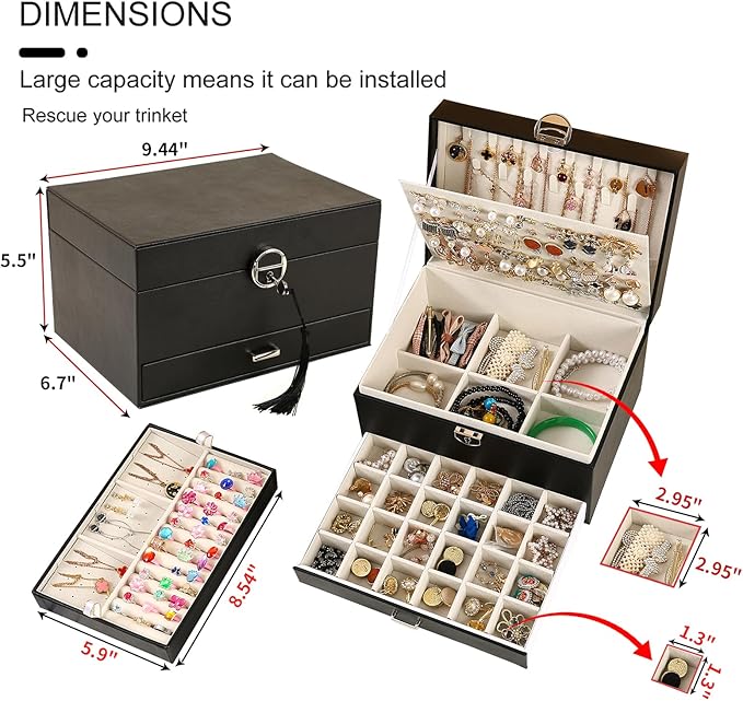 BOOVO Earring Jewelry Box For Women Girl Stud Organizer, 5 Layers Girl Jewelry Organizer Box With Lock Earring Holder Organizer Necklace Ring Jewelry Organizer Box For Girls (Black)
