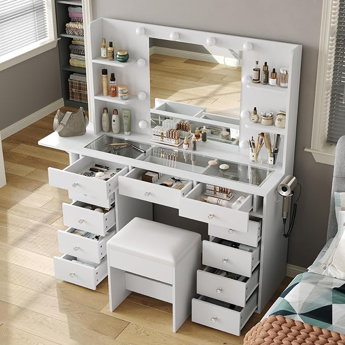 Vanity Desk with Power Outlet, 47'' W Makeup Vanity with Mirror and 12 LED Lights, 11 Drawers & 4 Shelves, 3 Color Lighting Modes, Fold-up Panel, Glass Top Vanity Set for Bedroom