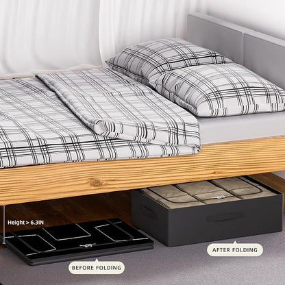 CYhom 3Pcs Under Bed Storage Bins with Metal Frame - Shoe Organizer for Closet with Clear Cover Oxford Fabric Sturdy Underbed Container Foldable Stackable Clothes Organizer (Black, 23.5x15.7x6.3)