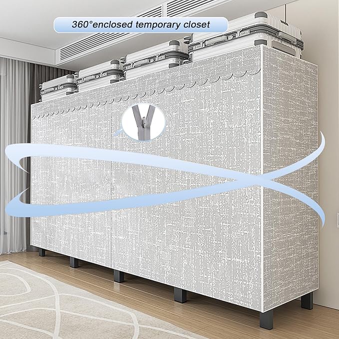 95.3in Heavy Duty Foldable Wardrobe with Cover, Portable Closets for Hanging Clothes, Load 1200lbs, Large Capacity Freestanding Armoires Portables Storage Covered Garment Racks (grey, 95.3in/242cm)