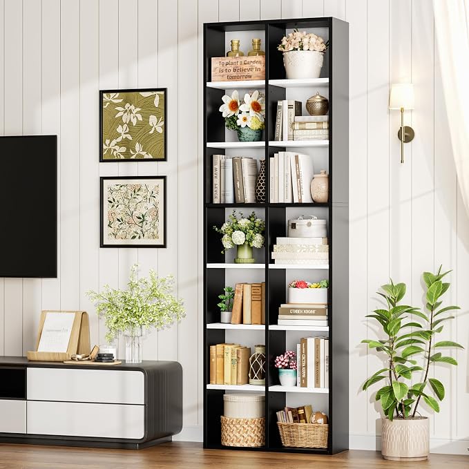 FOTOSOK 2Pcs 71'' Tall Narrow Bookshelf with 14 Cubes, 7 Tier Double Wide Bookshelf with 6 Adjustable Shelves, 19.6" Narrow DVD/CD Media Storage Shelf, Space Saving Display Shelf Cabinet, White/Black