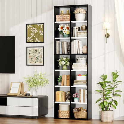 FOTOSOK 2Pcs 71'' Tall Narrow Bookshelf with 14 Cubes, 7 Tier Double Wide Bookshelf with 6 Adjustable Shelves, 19.6" Narrow DVD/CD Media Storage Shelf, Space Saving Display Shelf Cabinet, White/Black