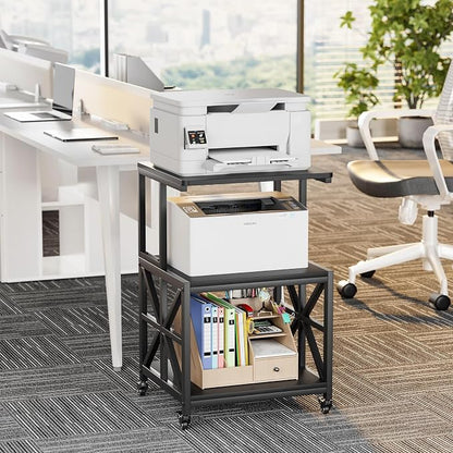GreenForest Printer Stand with Lockable Wheels, Heavy Duty Printer Table | 3-Tier Storage Shelf, Fit 2-3 Printers/3d/Heat Press/Laser, Rolling Cart for Home Office, Small Spaces, 19.7"x17.7", Black
