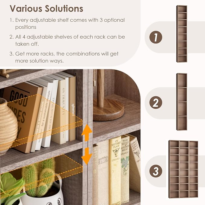 FOTOSOK 8-Tier Media Tower Rack, 11.6 X 9.3 X 70.9 Inches CD DVD Slim Storage Cabinet with Adjustable Shelves, Tall Narrow Bookcase Display Bookshelf for Home Office, Oak