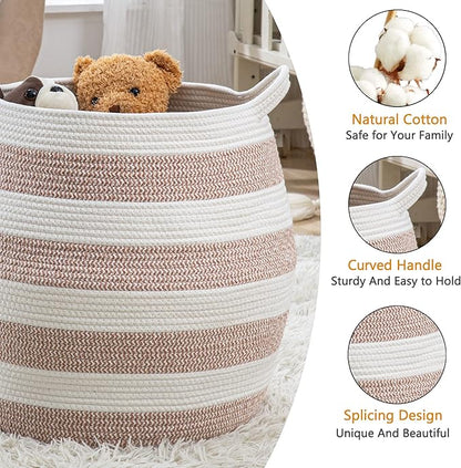 KAKAMAY Woven Baskets for Storage(17"x17"),Large Cotton Rope Woven Baby Laundry Hamper,Collapsible Laundry Basket, Blanket Basket for Organizing Living Room,Nursery,Pillows,Toy Chest(Rose)