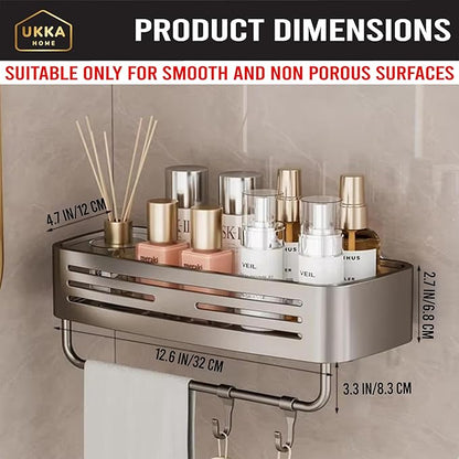 Suction Cup SQUARE Shower Caddy with Hooks and Towel Bar for Bathroom. Aluminum, Reusable, Rustproof, No Drill, No Tools, No Glue. Multifunctional, Hang Towel, Loofah, Sponge (2 Pack, Gray)