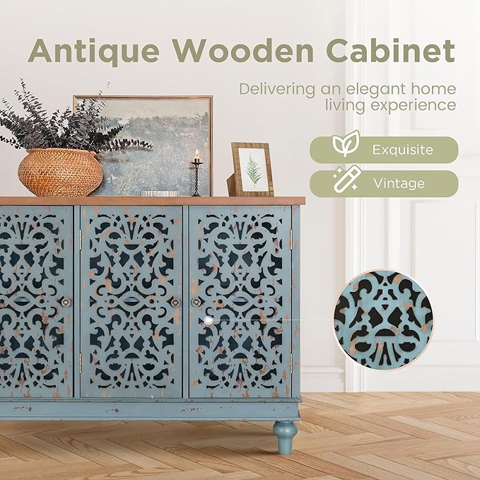 Sophia & William Sideboard Buffet Credenza Cabinet, 3-Door Hollow-Carved Accent Cabinet, Distressed Sideboard Storage Cabinet with Wood Veneer for Kitchen, Living Room, Dining Room, Entryway, Blue | 3-Door, Hollow-Carved, Accent Cabinet, Distressed, St...