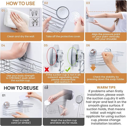 LEVERLOC Shower Caddy Suction Cup, Organizer with Hooks & Soap holder for Inside Shower, Removable Bathroom Shelf