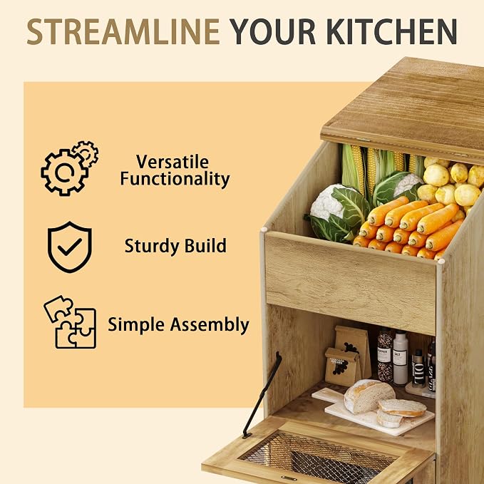 Potato and Onion Storage Bin with Wheels, 3 Tier Wooden Potato Storage Cabinets with Mesh Doors, Farmhouse Movable Fruit and Vegetable Box, Wood Bread Box for Kitchen (Brown)