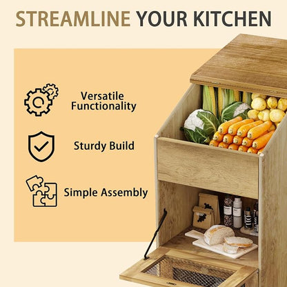 Potato and Onion Storage Bin with Wheels, 3 Tier Wooden Potato Storage Cabinets with Mesh Doors, Farmhouse Movable Fruit and Vegetable Box, Wood Bread Box for Kitchen (Brown)
