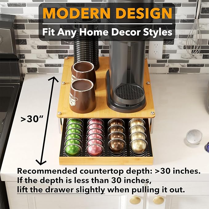 SpaceAid Bamboo Coffee Pod Holder Drawer Storage Compatible with Nespresso Vertuo Capsules, Coffee Station Accessories Holder Organizer Tray Compatible with 40 Big or 56 Small Pods, Natural