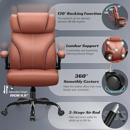 Office Chair, Ergonomic Big and Tall Computer Desk Chairs, Executive Breathable Leather Chair with Adjustable High Back Flip-up Armrests, Lumbar Support Swivel PC Chair with Rocking Function