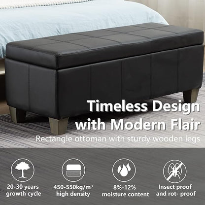 41" Storage Ottoman, Storage Bench with Safety Hinge, Upholstered Synthetic Leather Ottoman Bench for Bedroom, Living Room, Entryway, Hallway, Foot Rest, Support 500lbs, Black