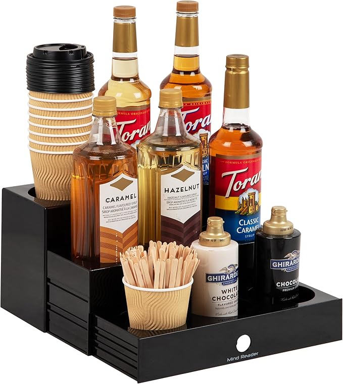 Mind Reader Coffee Syrup Station, Coffee Bar Accessories, Countertop Organizer, Acrylic, 14.25"L x 12.5"W x 7"H, Black
