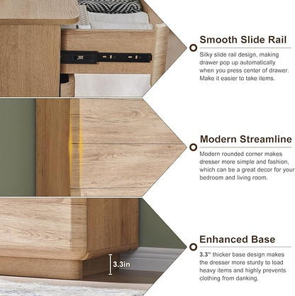 ACCOHOHO Modern 5 Drawer Dresser for Bedroom, 42" Tall Wooden Dressers with Large Storage,Handleless Chest of Drawers for Living Room & Hallway, Curved Profile Design, Natural Oak