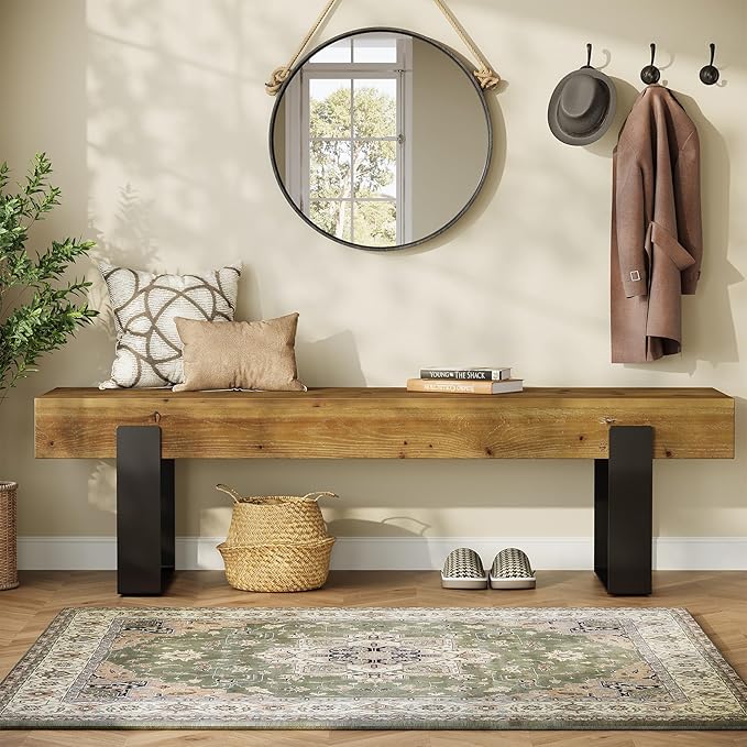 Solid Wooden Entryway Bench, 63" Farmhouse Indoor Shoe Bench with Metal Legs, Industrial Long End of Bed Stool with Seating for Entry, Hallway, Porch, Living Room, Mudroom, Easy Assembly
