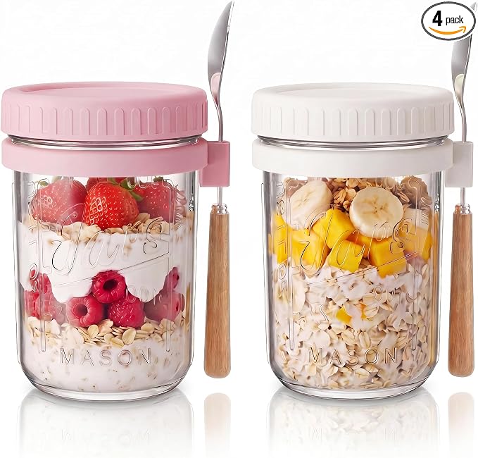 16oz - 2 Pack Overnight Oats Jars with Lids and Spoon, Overnight Oats Container with Lids, Airtigh Oatmeal Containers with Measurement Marks, Wide Mouth Mason Jars for Salad, Cereal - Pink & White